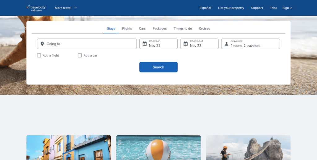 travelocity homepage screenshot